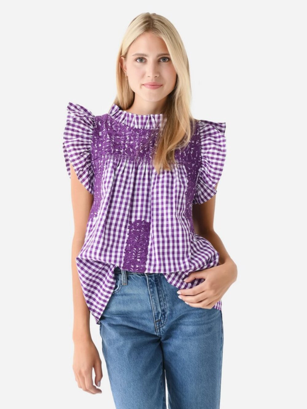 J.Marie Sz. S Purple/White Gingham Print Lilliana Ruffle Neck Embroidered Top